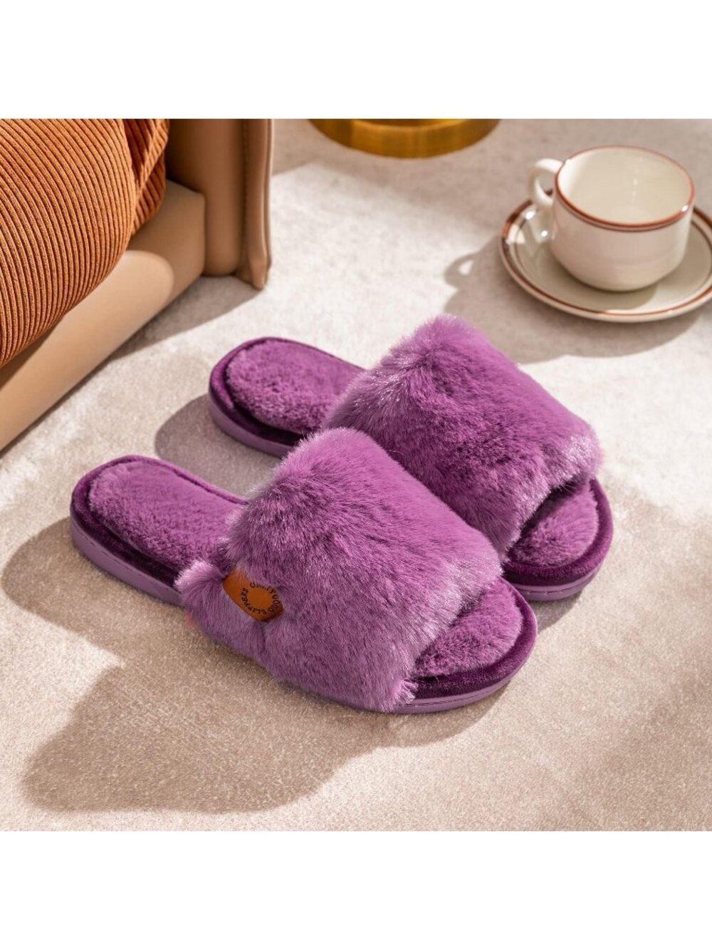 Women's Red Plum Indoor Memory Foam Soft Faux Fur Nonslip Open Toe Slipper Shoes - Picture 2 of 7